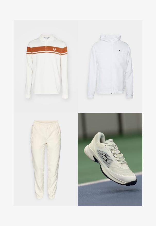 Balta gobtuvė su elastingomis rankovėmis ir virvute apvadu. Yra juodas logotipas ant krūtinės ir dvi šoninės kišenės su lygiu paviršiumi.; Ilgų rankovių polo marškiniai balti, su rudais horizontaliais dryžiais, kuriuose yra dvi plonos baltos juostos, ir logotipu kairėje krūtinės pusėje.; Kreminės spalvos sportinės kelnės su elastinga juosta, siaurėjančiomis kojomis ir mažu tamsiai žaliu logotipu kairėje pusėje. Glaudus, lengvas audinys.; Balti sportiniai batai su tinkliniais viršutiniais, juodais akcentais, tekstūruotu padu ir išryškintu logotipu šone, eksponuojami prieš teismo foną.