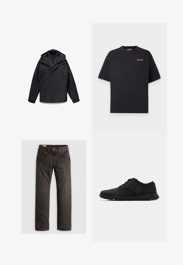 Black outdoor jacket featuring a zippered high collar, adjustable hood, and multiple front pockets with a structured design and smooth texture.; Black short-sleeve crew neck Timberland T-shirt with small tan logo on the upper left chest, displayed on a white background.; Straight-leg black denim jeans with button and zipper closure, front and back pockets, and belt loops.; Black lace-up shoes with a smooth leather upper, rounded toe, and cushioned sole. Features a subtle logo on the heel.