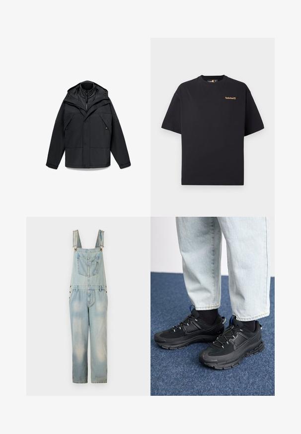 Musta ulkoilutakki, jossa on vetoketjullinen korkea kaulus, säädettävä huppu ja useita etutaskuja, rakenteellinen muotoilu ja sileä pinta.; Mustavalkoinen lyhythihainen Timberland T-paita, jossa on pieni vaaleanruskea logo vasemmassa ylärinnassa, esillä valkoista taustaa vasten.; Vaaleansiniset farkkuhaalarit, joissa on säädettävät olkaimet, rintataskut ja sivutaskut sekä väljä, lyhyt malli. Haalarissa on haalistuneita kohtia.; Mustat urheilukengät, joissa on teksturoitu kangas ja kumipohjat, elastiset nauhat ja sininen yksityiskohta kannassa. Yhdistetty vaaleisiin farkkuihin.