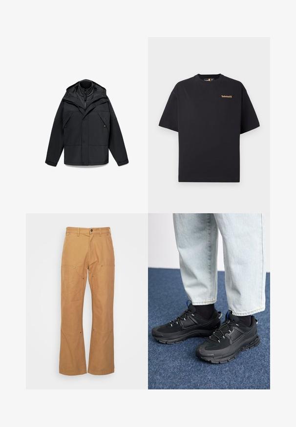 Giacca nera da esterno con colletto alto con zip, cappuccio regolabile e diverse tasche frontali, caratterizzata da un design strutturato e una texture liscia.; T-shirt nero a maniche corte con collo rotondo di Timberland, con piccolo logo beige sul lato sinistro del petto, esposto su uno sfondo bianco.; Pantaloni cargo marroni realizzati in tessuto resistente, con tasche laterali, dettagli in metallo, gamba dritta e vita regolare.; Scarpe sportive nere con tessuto testurizzato e suole in gomma, dotate di lacci elastici e un accento blu sul tallone. Indossate con pantaloni in denim chiaro.