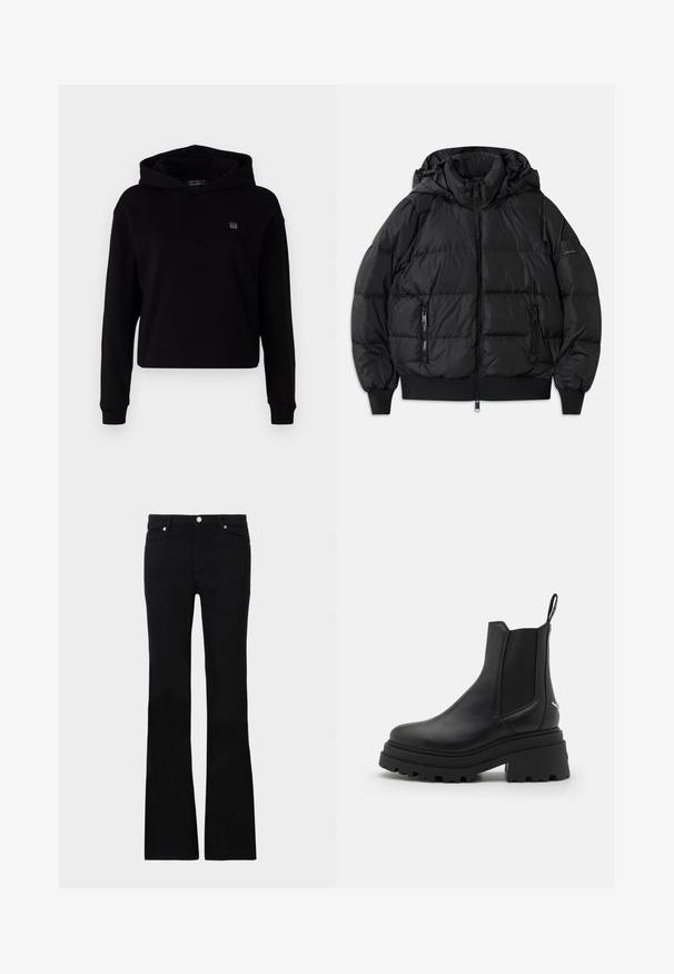 Fekete puffanak dzseki kapucnival, cipzáros elülső résszel és két cipzáros oldalzsebbel. Bordás mandzsettákkal és aljjal rendelkezik, sima, fényes felülettel.; Fekete, rövidített kapucnis pulóver puha anyagból. Hosszú ujjaival, nagy kapucnijával és egy kicsi logópacával rendelkezik a mellrészen. Sima textúra.; Fekete pamut póló rövid ujjakkal és kerek nyakkivágással, fehér írásos "Armani Exchange" logóval díszítve.; Fekete, bővülő szárú farmernadrág, két elülső zsebből áll, gombos záródással és sima textúrával rendelkezik. A varrásoknál látható a jellegzetes öltés.; Fekete Chelsea csizmák sima bőrből, rugalmas oldalsó panelekkel, vastag, bordázott gumitalppal és hátsó húzófüllel.