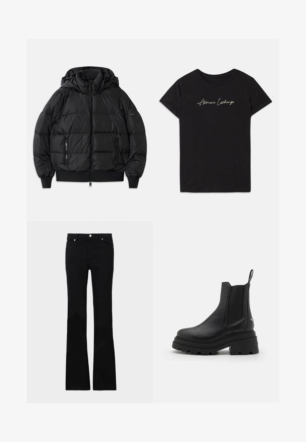 Casaco puffer preto com capuz, frente com fecho de correr e dois bolsos laterais com fecho. Apresenta punhos e bainha canelados, textura lisa e brilhante.; T-shirt de algodão preto com mangas curtas e decote redondo, adornado com um logo em cursivo "Armani Exchange" em branco.; Calças pretas de ganga em corte flare, com dois bolsos frontais, fecho com botão e uma textura suave. Costura característica visível nas costuras.; Botas chelsea pretas feitas de couro liso, com painéis elásticos dos lados, uma sola de borracha grossa e estriada, e uma alça na parte de trás.