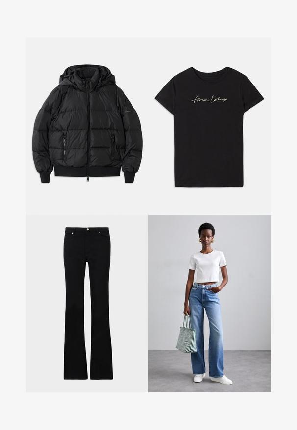 Black puffer jacket with a hood, zippered front, and two zippered side pockets. Features ribbed cuffs and hem, smooth shiny texture.; Black cotton t-shirt featuring short sleeves and a crew neckline, adorned with a cursive "Armani Exchange" logo in white.; Black flared jeans made of denim, featuring two front pockets, a button closure, and a smooth texture. Signature stitching visible at seams.; White ribbed cropped t-shirt, light blue wide-leg jeans, and white sneakers. Holding a green and white striped tote bag.
