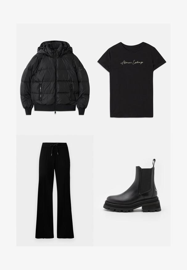 Mustat puffatakki hupulla, vetoketjulla edessä ja kahdella vetoketjullisella sivutaskulla. Varustettu ribatulla hihansuilla ja helmalla, sileä kiiltävä pinta.; Musta puuvillapaita, jossa on lyhyet hihat ja pyöreä kaula-aukko, koristeltuna valkoisella käärmeenkirjoitettu "Armani Exchange" -logolla.; Mustat leveälahkeiset collegehousut, joissa on kiristysnauha vyötäröllä, sivuvetoketjut, pehmeä kangas ja tyylikäs muotoilu.; Mustat nahkaiset Chelsea-saappaat, joissa on joustavat sivupaneelit, pyöreä varvas, paksu kumipohja ja vetotappi kantapäässä. Raskaat ja sileät pinnat.