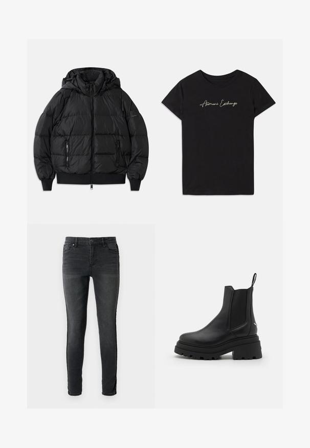 Casaco puffer preto com capuz, frente com fecho de correr e dois bolsos laterais com fecho. Apresenta punhos e bainha canelados, textura lisa e brilhante.; T-shirt de algodão preto com mangas curtas e decote redondo, adornado com um logo em cursivo "Armani Exchange" em branco.; Calças de ganga pretas slim-fit com uma textura desbotada, design de cinco bolsos e costura decorativa ao longo das costuras laterais.; Botas chelsea pretas feitas de couro liso, com painéis elásticos dos lados, uma sola de borracha grossa e estriada, e uma alça na parte de trás.