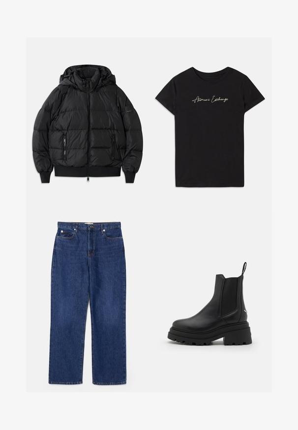 Sort pufferjakke med hætte, lynlås foran og to lynlåslommer på siden. Har ribbede mansjetter og nederkant, glat skinnende tekstur.; Sort bomulds T-shirt med korte ærmer og rund halsudskæring, prydet med et kursiv "Armani Exchange" logo i hvid.; Mørkeblå denimjeans med højt liv, lige ben-design, fem lommer og sølvfarvet hardware. Har diskret lysepletter og syede sømme.; Sorte chelsea støvler lavet af glat læder med elastiske sidepaneler, en tyk, rillede gummisål og en pull-tab bagpå.
