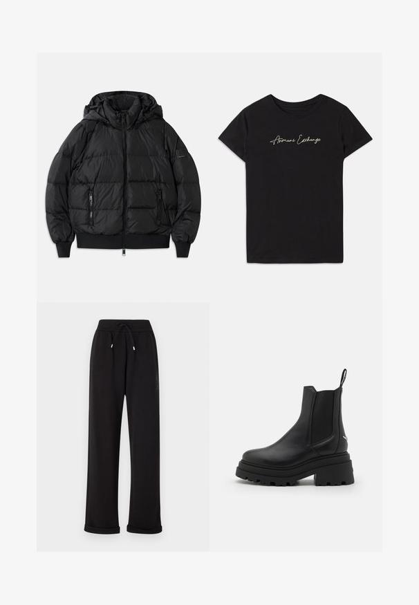 Schwarze Puffjacke mit Kapuze, Reißverschluss vorne und zwei Reißverschlusstaschen an den Seiten. Mit gerippten Bündchen und Saum, glänzende, glatte Textur.; Schwarzes Baumwoll-T-Shirt mit kurzen Ärmeln und Rundhalsausschnitt, verziert mit einem kursiven "Armani Exchange"-Logo in Weiß.; Schwarze Jogginghosen aus weichem Material, ausgestattet mit einem elastischen Bund und verstellbarem Kordelzug, umgeschlagenen Säumen und einem dezenten Logodetail.; Schwarze Chelsea-Stiefel aus glattem Leder mit elastischen seitlichen Einsätzen, einer dicken, geriffelten Gummisohle und einer Schlaufe an der Rückseite.