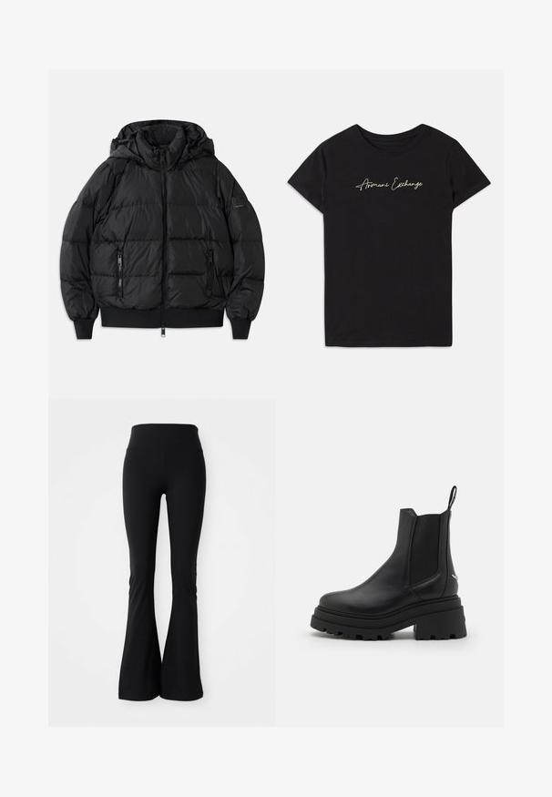 Fekete puffanak dzseki kapucnival, cipzáros elülső résszel és két cipzáros oldalzsebbel. Bordás mandzsettákkal és aljjal rendelkezik, sima, fényes felülettel.; Fekete pamut póló rövid ujjakkal és kerek nyakkivágással, fehér írásos "Armani Exchange" logóval díszítve.; Fekete, bővülő leggings elasztikus anyagból, magas derékkal és sima felszínnel. Nincsenek látható minták vagy illesztések.; Fekete Chelsea csizmák sima bőrből, rugalmas oldalsó panelekkel, vastag, bordázott gumitalppal és hátsó húzófüllel.