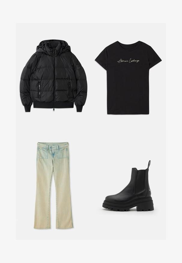 Musternahk vest, mille, lukuga ees ja kahe lukuga küljetaskuga. Omab soonikuga varrukaotsi ja alt, sileda läikiva tekstuuriga.; Must have lühikeste varrukatega must puuvillane T-särk, millel on ümmargune kaelus ja mille esiküljel on valgest kirjaga "Armani Exchange".; Heled sinine denimist laienevad teksad, millel on kulunud pind, vöökonksud, kaks esimest taskut ja kaks tagumist taskut, millel on õmblustega detailid.; Mustad mustad tumed nahast Chelseas kingad, millel on elastsed külgpaneelid, paks ja sooniline kummitald ning tagaküljel tõmberaam.