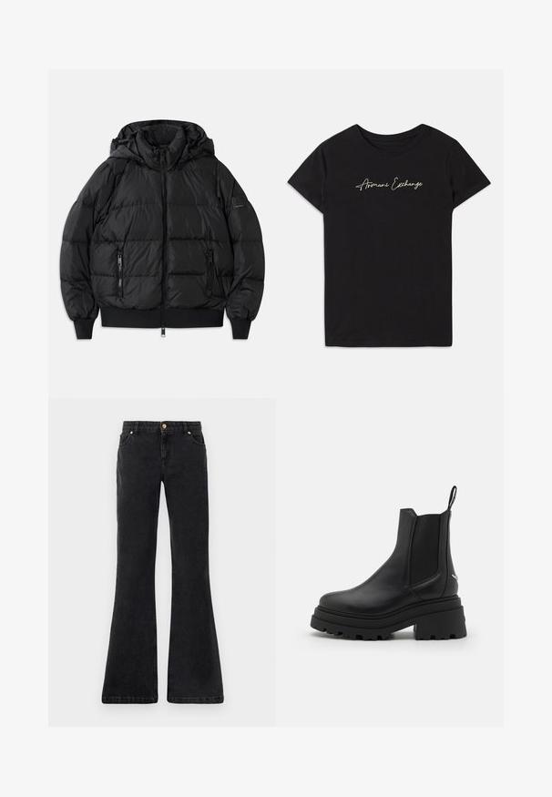 Mustat puffatakki hupulla, vetoketjulla edessä ja kahdella vetoketjullisella sivutaskulla. Varustettu ribatulla hihansuilla ja helmalla, sileä kiiltävä pinta.; Musta puuvillapaita, jossa on lyhyet hihat ja pyöreä kaula-aukko, koristeltuna valkoisella käärmeenkirjoitettu "Armani Exchange" -logolla.; Mustat leveälahkeiset farkut, joissa on viisi taskua, edessä nappisulku ja vastaväriommeltut saumat. Kangas on sileä.; Mustat Chelsea-nilkkurit, jotka on valmistettu sileästä nahasta, joissa on joustavat sivupaneelit, paksu, uritettu kumipohja ja vetonuppi takana.