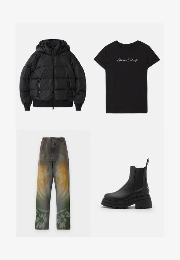Čierna nafúknutá bunda s kapucňou, so zipsom na prednej strane a dvomi zipsovými bočnými vreckami. Má rebrované manžety a lem, hladký lesklý povrch.; Čierne bavlnené tričko s krátkymi rukávmi a okrúhlym výstrihom, zdobené bielym nápisom "Armani Exchange" v kurzíve.; Džínsy s vysokým pásom v blednutej džínovině s gradientným vzorom, ktorý spája žlté, zelené a modré odtiene; kvetinový vzor pri leme.; Čierne chelsea čižmy vyrobené z hladkej kože s elastickými bočnými panelmi, hrubou, ryhovanou gumovou podrážkou a pútkom vzadu.