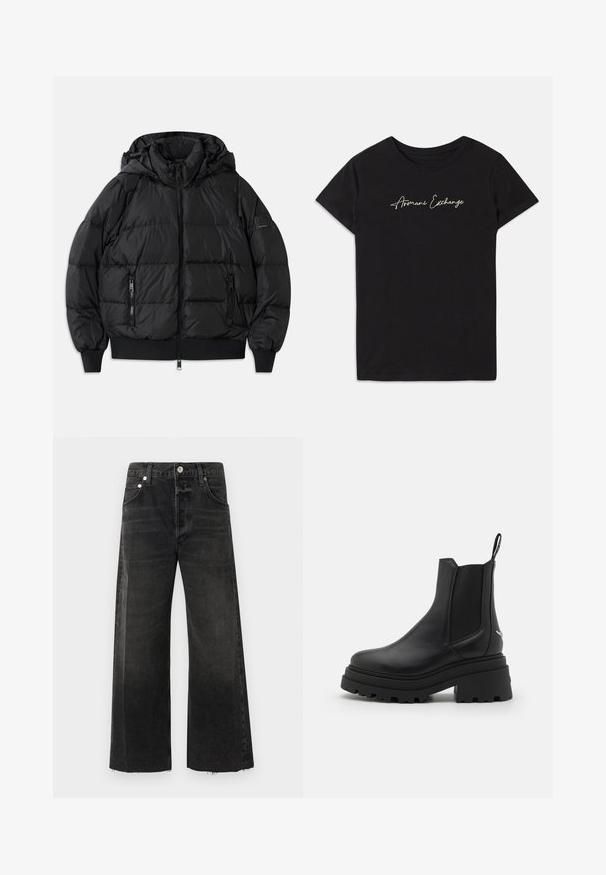 Casaco puffer preto com capuz, frente com fecho de correr e dois bolsos laterais com fecho. Apresenta punhos e bainha canelados, textura lisa e brilhante.; T-shirt de algodão preto com mangas curtas e decote redondo, adornado com um logo em cursivo "Armani Exchange" em branco.; Jeans pretos de perna larga feitos de denim, com uma cintura alta, fecho com botão metálico, cinco bolsos e acabamento áspero nas bainhas.; Botas chelsea pretas feitas de couro liso, com painéis elásticos dos lados, uma sola de borracha grossa e estriada, e uma alça na parte de trás.