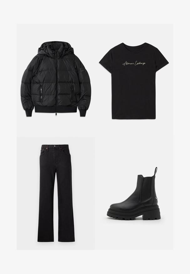 Fekete puffanak dzseki kapucnival, cipzáros elülső résszel és két cipzáros oldalzsebbel. Bordás mandzsettákkal és aljjal rendelkezik, sima, fényes felülettel.; Fekete pamut póló rövid ujjakkal és kerek nyakkivágással, fehér írásos "Armani Exchange" logóval díszítve.; Magas derekú fekete farmernadrág, flared szabással, látható varrásokkal, öt zsebes kialakítással és rézszínű fém kiegészítőkkel.; Fekete Chelsea csizmák sima bőrből, rugalmas oldalsó panelekkel, vastag, bordázott gumitalppal és hátsó húzófüllel.