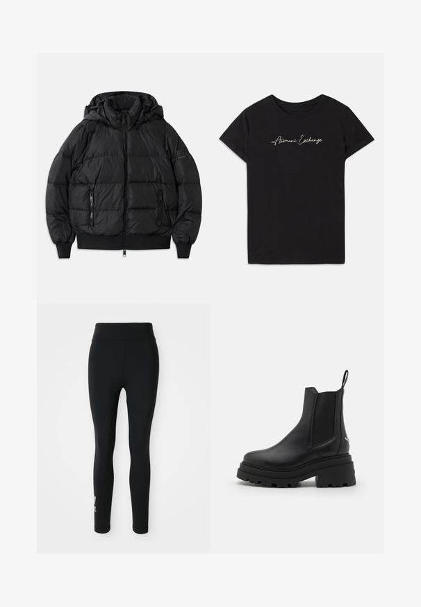 Črna napihnjena jakna s kapuco, z zadrgo spredaj in dvema stranskima žepoma z zadrgo. Ima rebraste zapestnice in rob, gladko sijajno teksturo.; Črna bombažna majica s kratkimi rokavi in okroglim izrezom, okrašena z bele pisanjem "Armani Exchange".; Črne legice iz raztegljive tkanine z visokim pasom in majhnim natisnjenim logotipom na eni nogi. Gladka tekstura, oblikovana zasnova.; Črne chelsea škornje iz gladke usnje z elastikami ob strani, debelim rebrastim gumijastim podplatom in zanka na hrbtni strani.