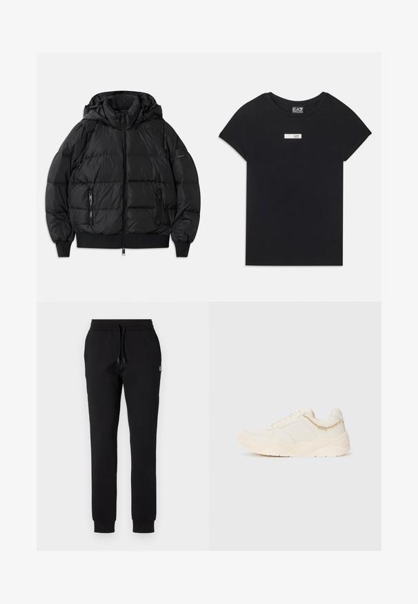 Schwarze Puffjacke mit Kapuze, Reißverschluss vorne und zwei Reißverschlusstaschen an den Seiten. Mit gerippten Bündchen und Saum, glänzende, glatte Textur.; Schwarzes T-Shirt mit kurzen Ärmeln aus Baumwolle, ausgestattet mit einem weißen rechteckigen Logo-Patch mit der Aufschrift "EA7" im Bereich der Brust auf der Vorderseite.; Schwarze Jogginghose aus weichem Stoff, mit einem elastischen Bund mit Kordelzug und schmal zulaufenden Beinen mit gerippten Bündchen. Kleines Logo-Detail.; Cremefarbene Sneaker mit einem Obermaterial aus glattem Leder, strukturierten Akzenten, gestickten Details und einer massiven Gummisohle. Enthält eine kleine dekorative Kette.
