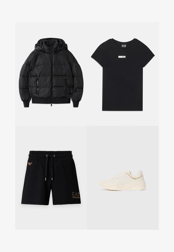 Czarna kurtka puchowa z kapturem, zapinana na zamek z przodu, z dwoma bocznymi kieszeniami na zamek. Posiada prążkowane mankiety i dół oraz gładką, błyszczącą teksturę.; Czarna, krótko rękawowa koszulka z bawełny, z białą prostokątną naszywką z napisem "EA7" na przedniej części klatki piersiowej.; Czarne bawełniane szorty z elastycznym pasem i sznurkiem do wiązania. Na przodzie złote logo i ozdoby. Dwie boczne kieszenie.; Kremowe trampki z gładkiej skóry, z teksturowanymi akcentami, przeszyciami i chunky gumową podeszwą. Charakteryzują się małym dekoracyjnym łańcuszkiem.