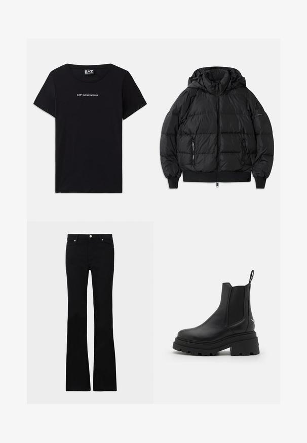 Casaco puffer preto com capuz, frente com fecho de correr e dois bolsos laterais com fecho. Apresenta punhos e bainha canelados, textura lisa e brilhante.; T-shirt preto de mangas curtas feito de algodão, apresentando o logótipo "EA7 Emporio Armani" em texto branco ao longo do peito, com decote redondo.; Calças pretas de ganga em corte flare, com dois bolsos frontais, fecho com botão e uma textura suave. Costura característica visível nas costuras.; Botas chelsea pretas feitas de couro liso, com painéis elásticos dos lados, uma sola de borracha grossa e estriada, e uma alça na parte de trás.