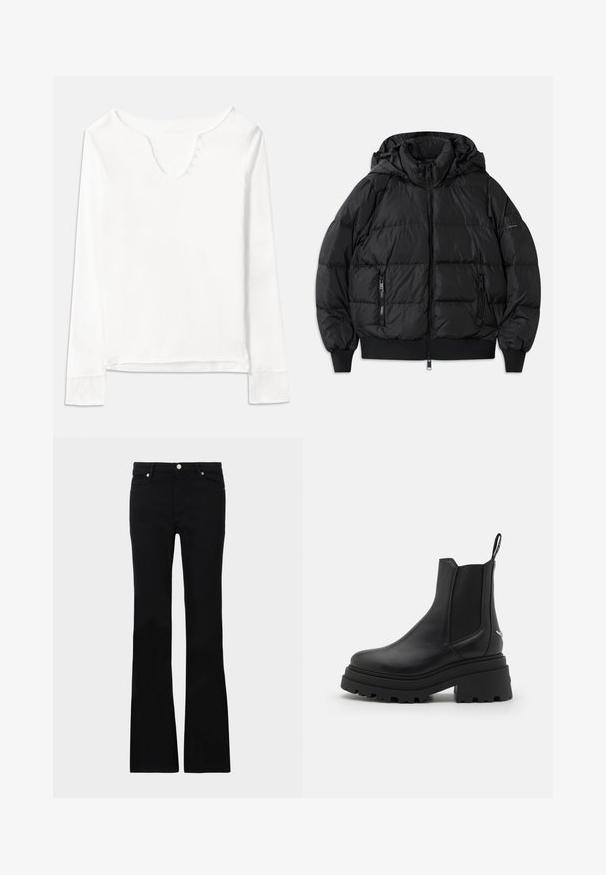 Czarna kurtka puchowa z kapturem, zapinana na zamek z przodu, z dwoma bocznymi kieszeniami na zamek. Posiada prążkowane mankiety i dół oraz gładką, błyszczącą teksturę.; Biała bluzka z długim rękawem i dekoltem w kształcie litery V, z pięcioma małymi guzikami z przodu, wykonana z lekkiego materiału o gładkiej fakturze.; Czarne dzwony z denimu, z dwoma przednimi kieszeniami, zapięciem na guzik i gładką fakturą. Widoczne charakterystyczne szycie na szwach.; Czarne botki Chelsea wykonane z gładkiej skóry, z elastycznymi panelami po bokach, grubą, karbowaną podeszwą gumową oraz pępulką z tyłu.