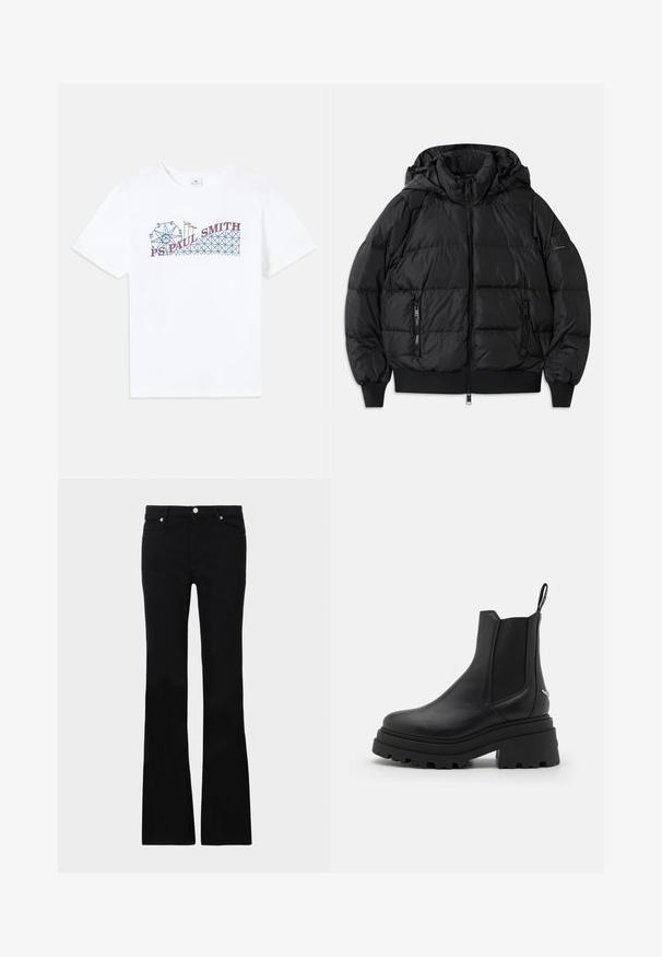 Schwarze Puffjacke mit Kapuze, Reißverschluss vorne und zwei Reißverschlusstaschen an den Seiten. Mit gerippten Bündchen und Saum, glänzende, glatte Textur.; Weißes Baumwoll-T-Shirt mit einem bunten Grafikdesign eines Riesenrads und einer Achterbahn sowie dem Schriftzug "PS Paul Smith" in Rot und Blau.; Schwarze, ausgestellte Jeans aus Denim, ausgestattet mit zwei Fronttaschen, einem Knopfverschluss und einer glatten Oberfläche. Signatur-Nähte an den Nähten sichtbar.; Schwarze Chelsea-Stiefel aus glattem Leder mit elastischen seitlichen Einsätzen, einer dicken, geriffelten Gummisohle und einer Schlaufe an der Rückseite.