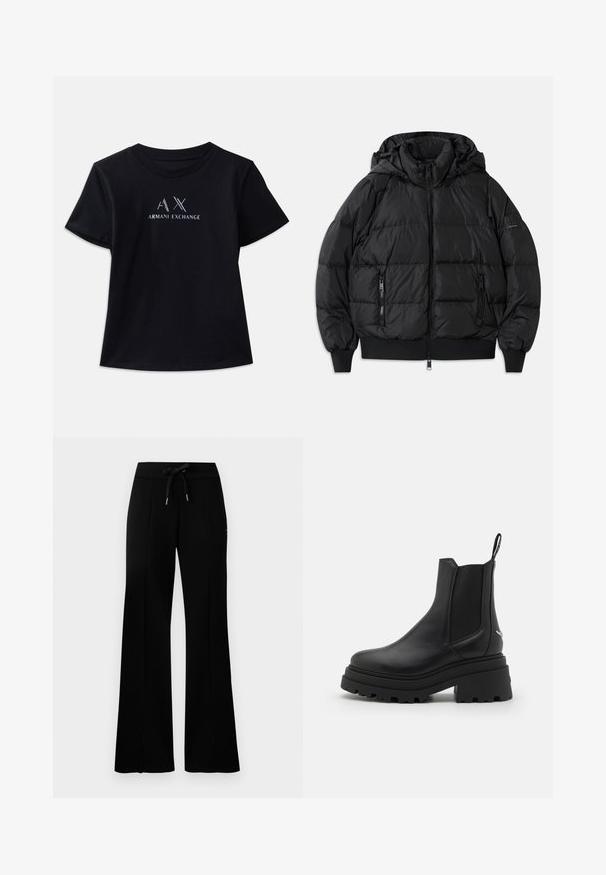 Černá péřová bunda s kapucí, zipovým zapínáním vpředu a dvěma bočními kapsami se zipem. Má žebrované manžety a lem, hladký lesklý povrch.; Černé tričko s krátkým rukávem a kulatým výstřihem. Na přední straně se nachází logo "AX" a text "ARMANI EXCHANGE" v kontrastní bílé barvě a kovových akcentem. Měkká látka.; Černé široké tepláky s elastickým pasem a šňůrkou, bočním rozparkem, měkkým materiálem a elegantním designem.; Černé chelsea boty vyrobené z hladké kůže s elastickými bočními panely, silnou, strakatou gumovou podrážkou a poutkem na zadní straně.
