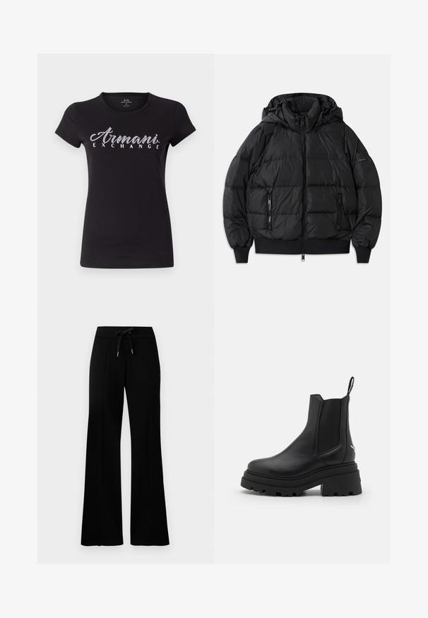 Schwarze Puffjacke mit Kapuze, Reißverschluss vorne und zwei Reißverschlusstaschen an den Seiten. Mit gerippten Bündchen und Saum, glänzende, glatte Textur.; Schwarzes T-Shirt mit kurzen Ärmeln aus Baumwolle, mit einem weißen Strasslogo "Armani Exchange" über der Brust. Glatte Textur, klassischer Schnitt.; Schwarze, weit geschnittene Sweatpants mit einem Kordelzugbund, seitlichen Schlitzdetails, weichem Stoff und einem eleganten Design.; Schwarze Chelsea-Stiefel aus glattem Leder mit elastischen seitlichen Einsätzen, einer dicken, geriffelten Gummisohle und einer Schlaufe an der Rückseite.