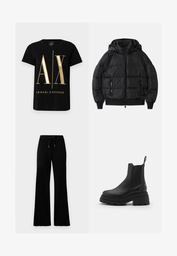 Černá péřová bunda s kapucí, zipovým zapínáním vpředu a dvěma bočními kapsami se zipem. Má žebrované manžety a lem, hladký lesklý povrch.; Černé bavlněné tričko s výrazným zlatým logem "A/X" a textem "ARMANI EXCHANGE", krátké rukávy, kulatý výstřih, hladká textura.; Černé široké tepláky s elastickým pasem a šňůrkou, bočním rozparkem, měkkým materiálem a elegantním designem.; Černé chelsea boty vyrobené z hladké kůže s elastickými bočními panely, silnou, strakatou gumovou podrážkou a poutkem na zadní straně.