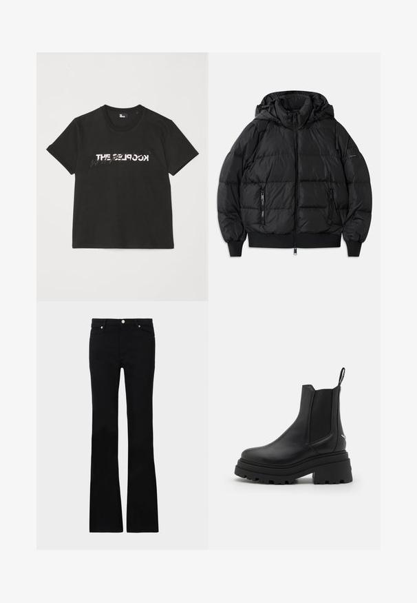 Chaqueta acolchada negra con capucha, cierre frontal con cremallera y dos bolsillos laterales con cremallera. Presenta puños y dobladillo acanalados, textura suave y brillante.; Camiseta de algodón negra de manga corta, con un diseño impreso en blanco y gris que dice "THE 2LOOK" en el frente. Cuello redondo clásico.; Pantalones vaqueros de talle ancho en negro, confeccionados en denim, con dos bolsillos frontales, cierre de botón y una textura suave. Costuras distintivas visibles en las costuras.; Botas Chelsea negras de cuero liso con paneles laterales elásticos, suela de goma gruesa y estriada, y una lengüeta en la parte trasera.