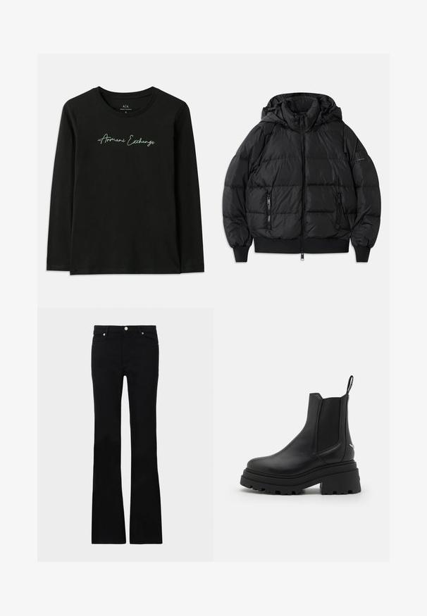 Black puffer jacket with a hood, zippered front, and two zippered side pockets. Features ribbed cuffs and hem, smooth shiny texture.; Black long-sleeve T-shirt made of cotton with a crew neckline. Features a green embroidered "Armani Exchange" logo on the chest.; Black flared jeans made of denim, featuring two front pockets, a button closure, and a smooth texture. Signature stitching visible at seams.; Black chelsea boots made of smooth leather with elastic side panels, a thick, ridged rubber sole, and a pull tab at the back.