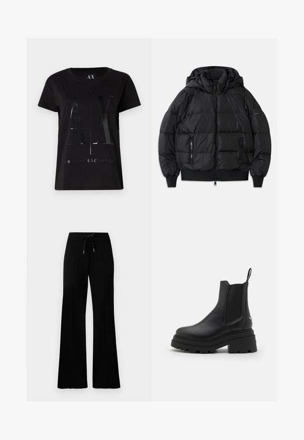Juodas pūkuotas džemperis su gaubtu, užtrauktuko priekyje ir dviem užtrauktukais uždaromomis šoninėmis kišenėmis. Yra raštuoti rankogaliai ir apatinė dalis, glotni blizgi tekstūra.; Juoda medvilninė marškinėlių su trumpomis rankovėmis, centre esantis blizgus didelis "AX" logotipas ir tekstas "ARMANI EXCHANGE".; Juodi platūs sportiniai kelnių su raišteliu liemeniu, šoninėmis įpjovomis, minkšta medžiaga ir elegantiškas dizainas.; Juodi Chelsea batai, pagaminti iš lygaus odos, su elastingais šonų paneliais, storu, grotuotu guminio pado ir su traukimo įrankiu gale.