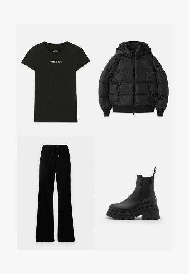 Chaqueta acolchada negra con capucha, cierre frontal con cremallera y dos bolsillos laterales con cremallera. Presenta puños y dobladillo acanalados, textura suave y brillante.; Camiseta de manga corta negra de Armani Exchange con "Armani Exchange Milano / Nueva York" impreso en letras beige pequeñas en el pecho.; Pantalones de chándal anchos y negros con cintura elástica y cordón, acentos de abertura lateral, tela suave y un diseño elegante.; Botas Chelsea negras de cuero liso con paneles laterales elásticos, suela de goma gruesa y estriada, y una lengüeta en la parte trasera.