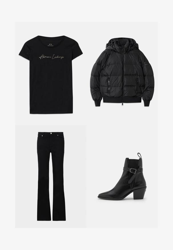 Črna napihnjena jakna s kapuco, z zadrgo spredaj in dvema stranskima žepoma z zadrgo. Ima rebraste zapestnice in rob, gladko sijajno teksturo.; Črna majica s kratkimi rokavi iz bombaža, ki ima na prsih napisan logo "Armani Exchange" v zlatih okrasnih elementih.; Črne zvonaste kavbojke iz denima, ki imajo dve sprednji žepi, gumbasto zapiranje in gladko teksturo. Oznaka zašite vidna na šivih.; Črne usnjene gležnjače s koničastim nosom, blok peto in stransko zaponko. Imajo gladko teksturo in zanko na zadnji strani.