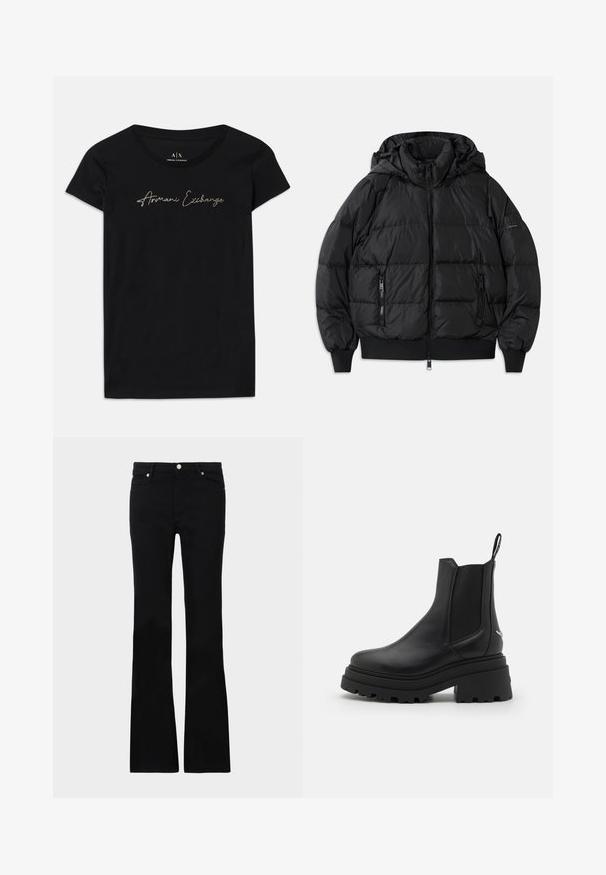 Mustat puffatakki hupulla, vetoketjulla edessä ja kahdella vetoketjullisella sivutaskulla. Varustettu ribatulla hihansuilla ja helmalla, sileä kiiltävä pinta.; Mustat lyhyet hihaset T-paidat, jotka on valmistettu puuvillasta ja joissa on kultaisilla yksityiskohdilla varustettu "Armani Exchange" -logoteksti rinnan kohdalla.; Mustat levenevät farkut, valmistettu denimi- materiaalista, varustettu kahdella etutaskulla, napin sulkimella ja sileällä pinnalla. Alussa näkyviä erityisompeleita.; Mustat Chelsea-nilkkurit, jotka on valmistettu sileästä nahasta, joissa on joustavat sivupaneelit, paksu, uritettu kumipohja ja vetonuppi takana.