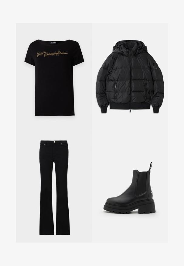 Black puffer jacket with a hood, zippered front, and two zippered side pockets. Features ribbed cuffs and hem, smooth shiny texture.; Black cotton t-shirt with a rounded neckline. Front features gold glitter text in a cursive style. Short sleeves and a relaxed fit.; Black flared jeans made of denim, featuring two front pockets, a button closure, and a smooth texture. Signature stitching visible at seams.; Black chelsea boots made of smooth leather with elastic side panels, a thick, ridged rubber sole, and a pull tab at the back.
