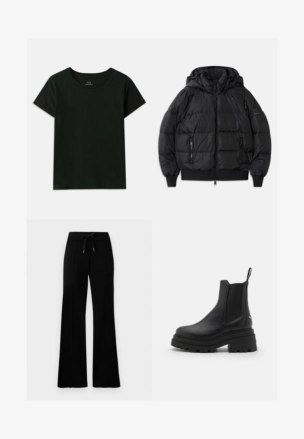 Jachetă puf din negru cu glugă, fermoar în față și două buzunare laterale cu fermoar. Prezintă manșete și tiv curbate, cu o textură netedă și strălucitoare.; Tricou scurt negru din bumbac. Prezintă un guler tip crew neck și textul embosat "Armani Exchange" pe umăr. Design simplu.; Pantaloni de trening negri, cu croială largă, talie cu șnur, detalii cu tăieturi laterale, material moale și un design elegant.; Bocanci Chelsea negri din piele netedă, cu panouri elastice pe laterale, o talpă groasă, adâncită din cauciuc și un mâner la spate.