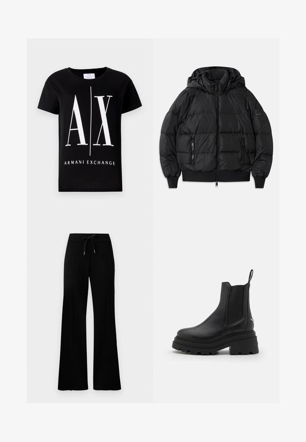 Juodas pūkuotas džemperis su gaubtu, užtrauktuko priekyje ir dviem užtrauktukais uždaromomis šoninėmis kišenėmis. Yra raštuoti rankogaliai ir apatinė dalis, glotni blizgi tekstūra.; Juodas medvilninis marškinėlis su dideliu baltu logotipu "AX" ir žodžiu "ARMANI EXCHANGE". Klasikinis apvalus iškirpimas ir trumpomis rankovėmis.; Juodi platūs sportiniai kelnių su raišteliu liemeniu, šoninėmis įpjovomis, minkšta medžiaga ir elegantiškas dizainas.; Juodi Chelsea batai, pagaminti iš lygaus odos, su elastingais šonų paneliais, storu, grotuotu guminio pado ir su traukimo įrankiu gale.