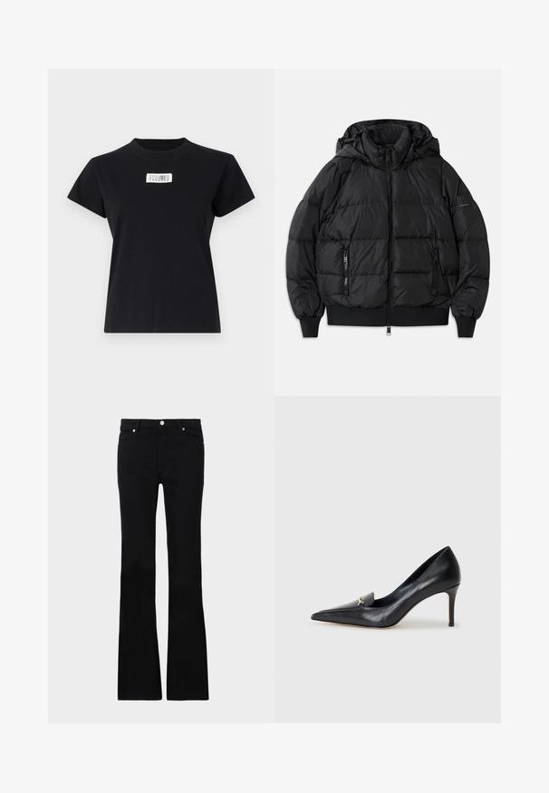 Čierna nafúknutá bunda s kapucňou, so zipsom na prednej strane a dvomi zipsovými bočnými vreckami. Má rebrované manžety a lem, hladký lesklý povrch.; Čierne bavlnené tričko s okrúhlym výstrihom a krátkymi rukávmi. Na prednej strane sa nachádza biela nálepka s potlačenými číslami a kruhovým logom.; Čierne rozšírené džínsy vyrobené z denimu, s dvoma prednými vreckami, zapínaním na gombík a hladkým povrchom. Viditeľné podpisové šitie na švoch.; Čierne kožené lodičky s špicatou špičkou, nízkym vampom a dekoratívnym zlatým akcentom. Majú podpätok typu stiletto a hladký povrch.