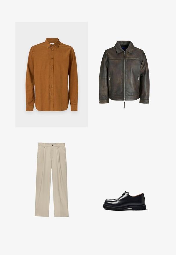 Bruine leren jas met een ritssluiting aan de voorkant, platte kraag en twee ritszakken. Kenmerkt zich door een licht verweerde textuur en een getailleerde pasvorm.; Koolgrijze coltrui gemaakt van zachte stof, met lange mouwen, een aansluitende kraag en een rechte zoom. Gladde textuur overal.; Bruine overhemden met lange mouwen van glad materiaal, voorzien van een klassieke kraag en zeven knopen aan de voorkant, met rechte manchetten.; Beige broek met een rechte snit, voorzien van een enkele zwarte knoop, riemlussen en zijzakken. Glad stoffen textuur en een minimalistisch ontwerp.; Zwarte leren schoen met een ronde neus, vetersluiting, gestikte details en een gestructureerde rubberen zool. Gladde oppervlakte met een glanzende afwerking.