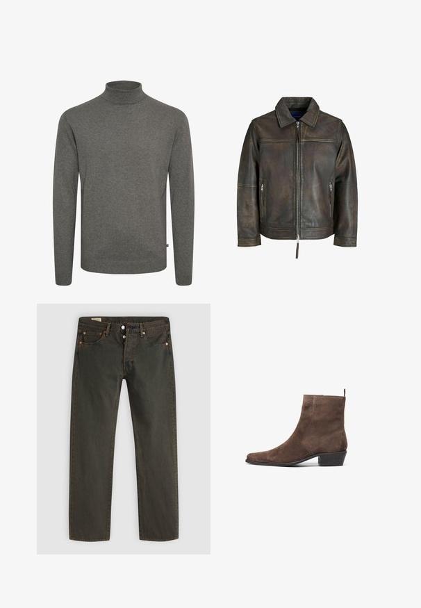 Hnědá kožená bunda se zipem vpředu, plochým límcem a dvěma kapsami na zip. Disponuje mírně opotřebovanou texturou a upraveným střihem.; Šedý rolákový svetr z měkkého pleteného materiálu. Má těsně přiléhající límec a dlouhé rukávy s žebrovanými manžetami a lemem.; Tmavě zelené džíny vyrobené z denimu, se střihem rovného nohavice, pěti kapsami, mosazným kováním a jemným vzorem praní.; Hnědé sukové kotníkové boty s špičatou špičkou, nízkým blokovým podpätkem a poutkem na zadní straně pro snadné obouvání. Hladká textura a jednoduchý design.