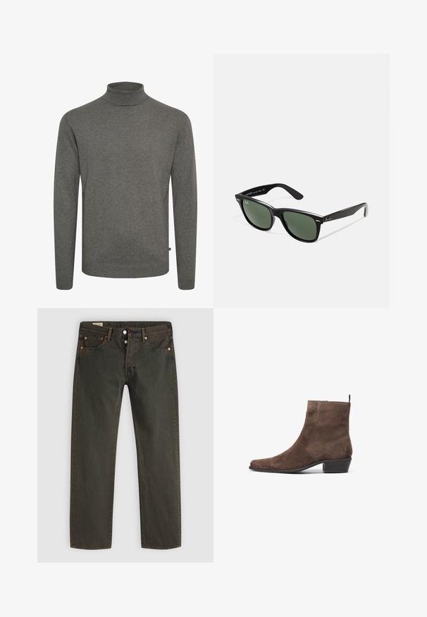 Braune Lederjacke mit einem Reißverschluss vorne, flachem Kragen und zwei Reißverschlusstaschen. Verfügt über eine leicht beschädigte Textur und eine taillierte Passform.; Grauer Rollkragenpullover aus weichem Strickmaterial. Verfügt über einen eng anliegenden Kragen und lange Ärmel mit gerippten Bündchen und Saum.; Dunkelgrüne Jeans aus Denim mit geradem Beinschnitt, fünf Taschen, Kupferfarbene Beschläge und einem subtilen Waschmuster.; Braune Wildleder-Stiefelette mit spitzem Kopf, niedrigem Blockabsatz und einer Anziehhilfe an der Rückseite für ein einfaches An- und Ausziehen. Glatte Textur und schlichtes Design.; Schwarze Plastiksonnenbrille mit grünen Gläsern, quadratischen Rahmen, silbernem Akzent auf der Augenbraue und strukturierten Bügeln. Angegebene Marke auf dem inneren Bügel.