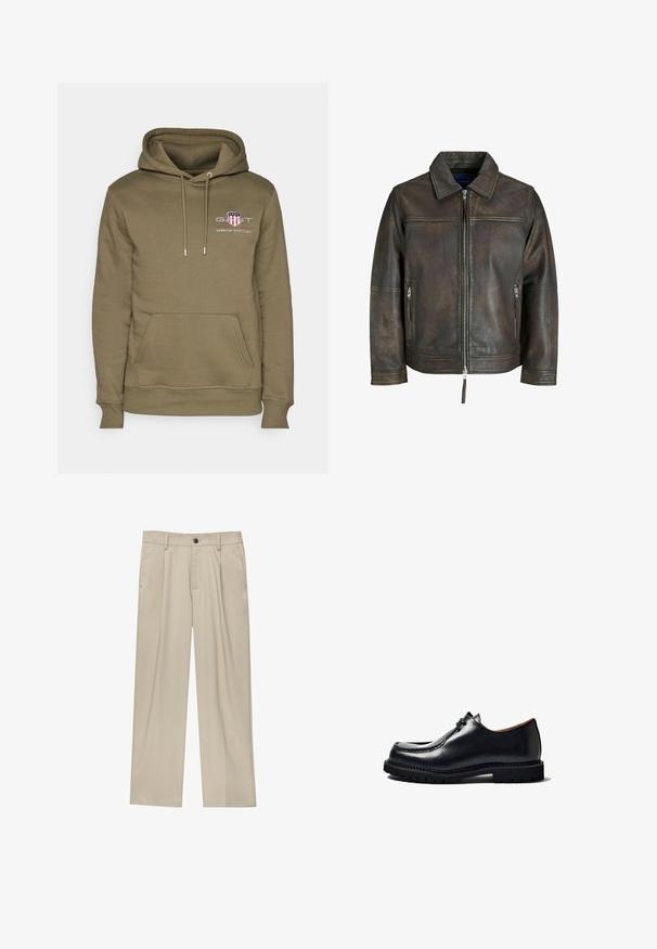 Giubbotto in pelle marrone con chiusura a zip frontale, colletto piatto e due tasche con zip. Presenta una texture leggermente invecchiata e una vestibilità su misura.; Felpa verde oliva con tasca a marsupio, cappuccio regolabile con cordino e logo ricamato raffigurante un design a scudo con testo sul petto.; Pantaloni beige a taglio dritto, con un solo bottone nero, passanti per la cintura e tasche laterali. Tessuto dalla texture liscia e design minimale.; Scarpa nera in pelle con punta arrotondata, design con lacci, dettagli cuciti e suola in gomma texture. Superficie liscia con finitura lucida.