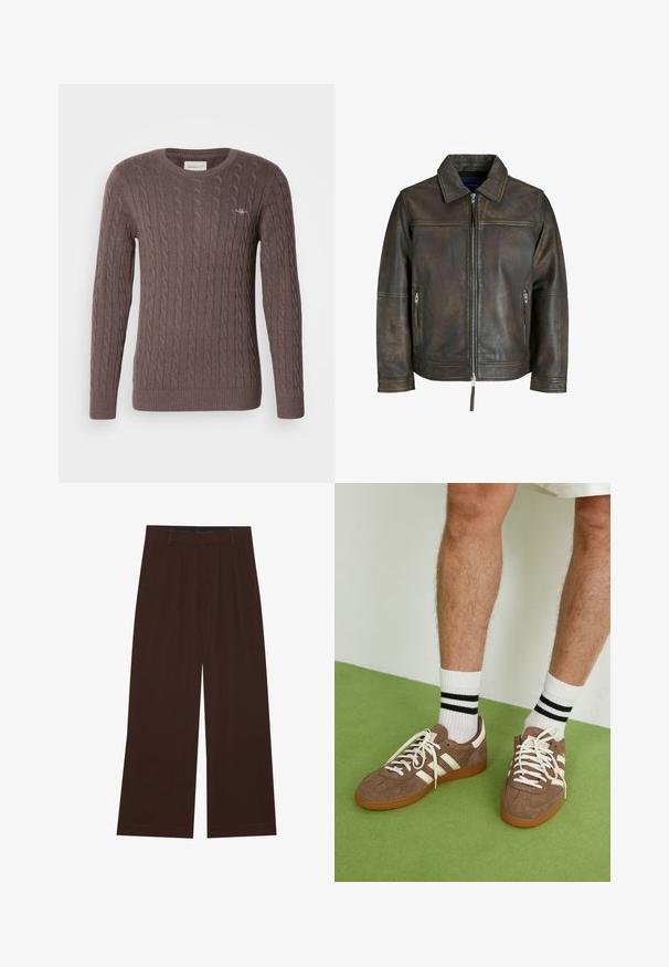 Brun läderjacka med dragkedja fram, platt krage och två dragkedjefickor. Har en lätt sliten textur och en skräddarsydd passform.; Brun kabelstickad tröja med rund hals, långa ärmar och ribbstickade muddar och nederkant. Har en liten broderad logotyp på bröstet.; Bruna vida byxor med veck. Tillverkade av ett mjukt tyg, med skräddarsydd midja och sidofickor. Slät fåll längst ner.; Bruna mockaskor med vita detaljer och snören. Gummisula i beige. Bärs med vita strumpor med svarta ränder. Grön strukturerad golvyta.