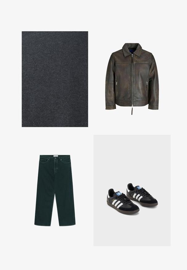 Brązowa skórzana kurtka z zamkiem na przodzie, płaskim kołnierzem i dwiema zamkniętymi kieszeniami. Wyróżnia się lekko postarzaną teksturą i dopasowanym krojem.; Czarna bawełniana tkanina o gładkiej fakturze, z jednolitym wzorem dzianiny i bez widocznych ozdób ani elementów metalowych.; Ciemnozielone dżinsy szerokie w nogawkach z zapięciem na guzik i zamek, kieszeniami z przodu oraz szlufkami na pasek, leżące płasko na białym tle.; Czarne sneakersy z zamszową i syntetyczną cholewką, wyposażone w trzy białe paski, teksturowaną gumową podeszwę oraz niebieską metkę z logo na języku.