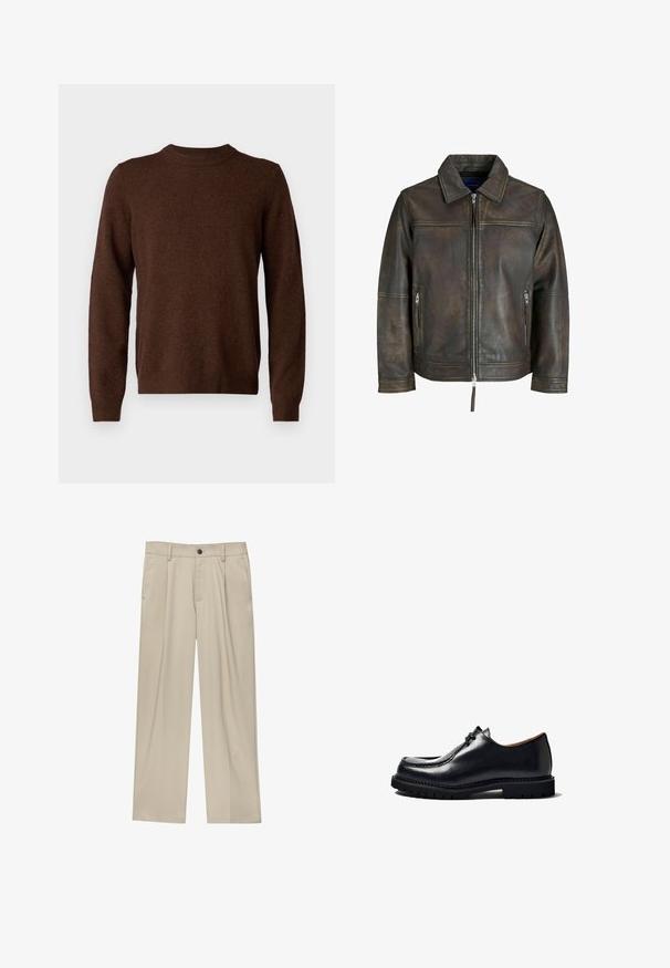 Braune Lederjacke mit einem Reißverschluss vorne, flachem Kragen und zwei Reißverschlusstaschen. Verfügt über eine leicht beschädigte Textur und eine taillierte Passform.; Samsøe Samsøe ISAK SWEATER - Strickpullover - chocolate torte; Beige Hosen mit geradem Schnitt, ausgestattet mit einem einzelnen schwarzen Knopf, Gürtelschlaufen und Seitentaschen. Glatte Stofftextur und minimalistisches Design.; Schwarzer Lederschuh mit einer abgerundeten Zehenform, Schnürdesign, genähte Details und einer strukturierten Gummisohle. Glatte Oberfläche mit glanzvollem Finish.