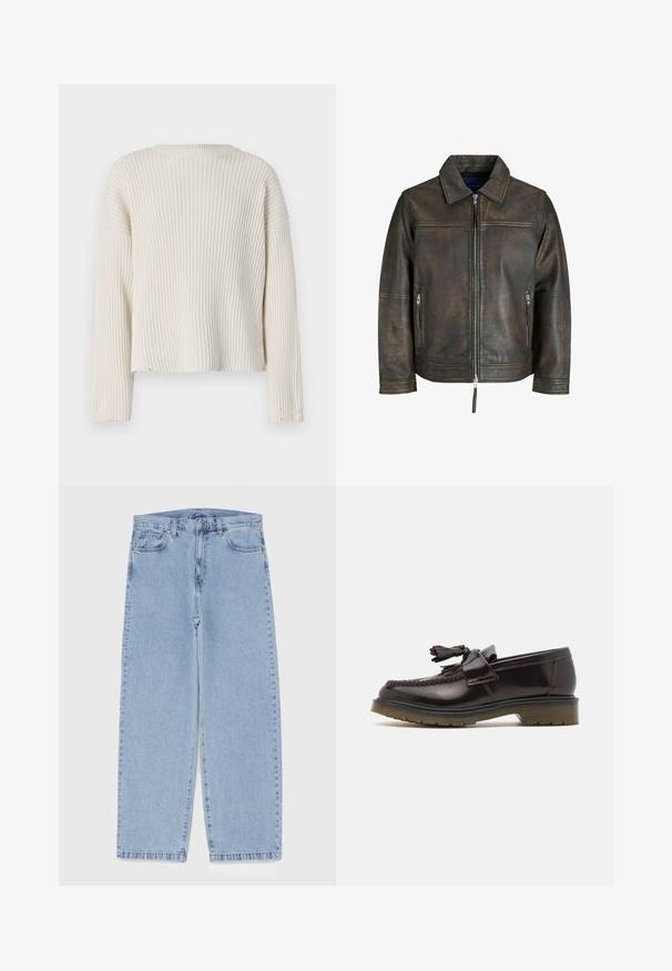 Rjava usnjena jakna z zadrgo spredaj, ravnim ovratnikom in dvema žepoma z zadrgo. Ima rahlo poškodovan teksturiran videz in prilegajoč kroj.; Kremno-ribana jopica z dolgimi rokavi, okroglim izrezom in sproščenim krojem. Opremljena je z raztrganimi robovi in teksturirano tkanino.; Svijetloplave traperice s ravnim nogavicama, srednjeg struka, pet džepova te zatvaranjem na gumb i munju.; Rjavi usnjeni loaferji z pletenim vzorcem, detajlom v obliki rese in ravnim gumijastim podplatom. Imajo gladko površino in kontrastni šiv.