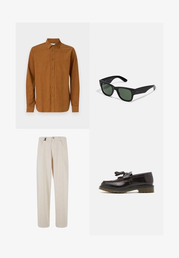 Bruine leren jas met een ritssluiting aan de voorkant, platte kraag en twee ritszakken. Kenmerkt zich door een licht verweerde textuur en een getailleerde pasvorm.; Bruine overhemden met lange mouwen van glad materiaal, voorzien van een klassieke kraag en zeven knopen aan de voorkant, met rechte manchetten.; Witte katoenen tanktop met een ronde halslijn, brede schouderbanden en een rechte zoom, met een gladde textuur en zonder zichtbare patronen.; Beige katoenen broek met een recht pasvorm, voorzien van voorzakken en een knoopsluiting. Gladde textuur met minimale details.; Bruine leren instappers met een geweven ontwerp, een kwastje en een platte rubberen zool. Beschikt over een gladde afwerking en contrasterende stiksels.; Zwarte rechthoekige zonnebril met groene lenzen, matte afwerking, subtiele hardwareaccenten en een gegraveerd logo op de slaap.; Zwarte leren schoudertas met een klep, twee zilveren sluitingen, gele stiksels en een verstelbare schouderband. Beschikt over een gladde textuur en een compact ontwerp.