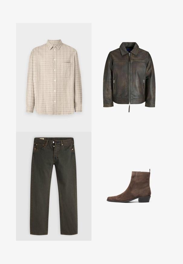 Brown leather jacket with a zip front, flat collar, and two zippered pockets. Features a slightly distressed texture and tailored fit.; Button-up shirt in light beige, featuring a checked pattern, long sleeves, a chest pocket, and a regular collar design.; Dark green jeans made of denim, featuring a straight-leg design, five pockets, copper-tone hardware, and a subtle wash pattern.; Brown suede ankle boot with a pointed toe, low block heel, and a pull loop at the back for easy wear. Smooth texture and simple design.