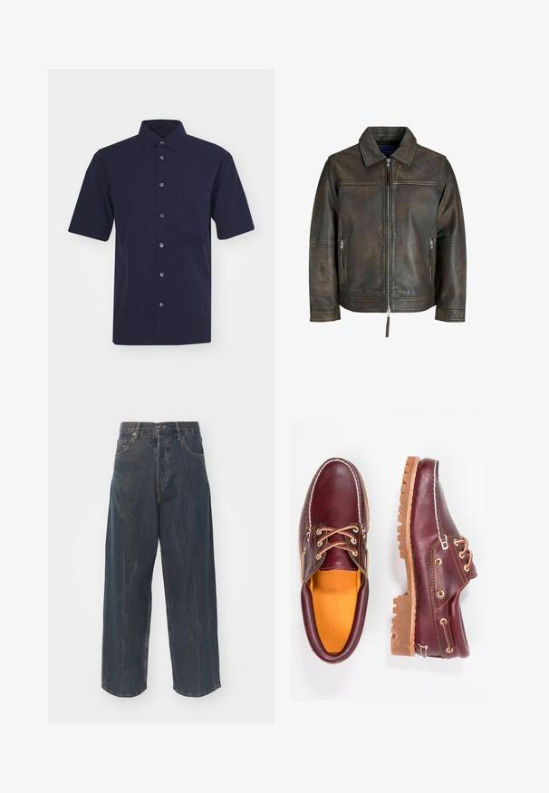 Rjava usnjena jakna z zadrgo spredaj, ravnim ovratnikom in dvema žepoma z zadrgo. Ima rahlo poškodovan teksturiran videz in prilegajoč kroj.; Temno modra kratka majica z kratkimi rokavi, izdelana iz tkanine z gladko teksturo. Ima klasičen ovratnik, sprednje zapiranje na gumbe in žep na prsih.; Široke temno modre jeans hlače iz denima z diskretnimi poškodovanji, petimi žepi ter klasično zaponko in zadrgo v pasu.; Burgundske usnjene čevlje z rjavimi gumijastimi podplati, okrogla kapica, beli šivi in zlate luknje za vezalke. Notranjost je obložena s rumeno podlogo.