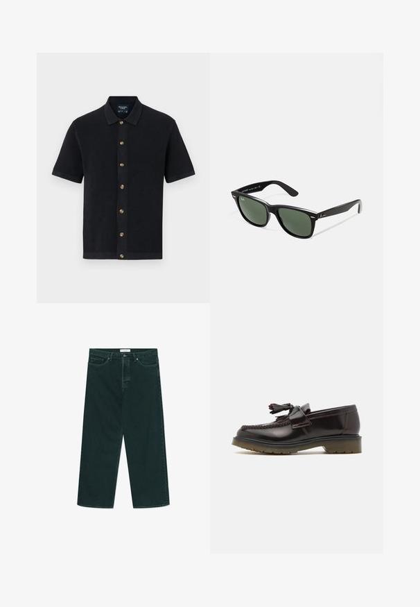 Jachetă din piele maro cu fermoar în față, guler plat și două buzunare cu fermoar. Caracteristici include o textură ușor uzată și un croi ajustat.; Polo cu mânecă scurtă de culoare bleumarin, dintr-un material texturat, cu guler și nasturi birauni pe față. Poale netede și contururi contrastante.; Blugi din denim largi, de culoare verde închis, cu închidere cu nasture și fermoar, buzunare frontale și suporturi pentru curea, așezați pe un fundal alb.; Loafers din piele maro cu un design împletit, detalii cu franjuri și o talpă din cauciuc plată. Prezintă un finisaj neted și cusături în contrast.; Ochelari de soare din plastic negru cu lentile verzi, rame pătrate, accent argintiu pe sprânceană și brațe texturate. Marca este menționată pe brațul interior.