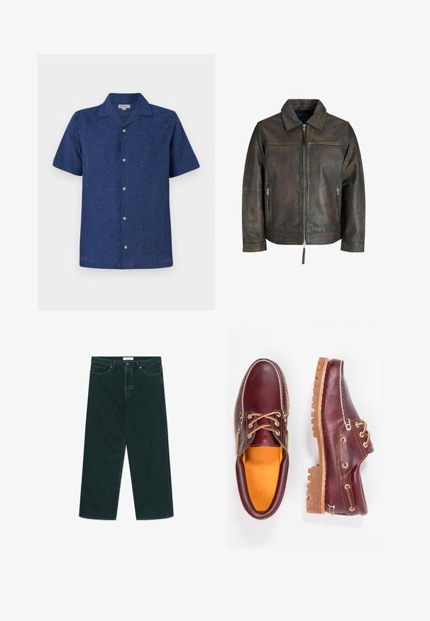 Chaqueta de cuero marrón con cierre frontal, cuello plano y dos bolsillos con cremallera. Presenta una textura ligeramente desgastada y un ajuste entallado.; Camisa de manga corta color azul marino, hecha de tejido transpirable, con cuello, botones funcionales y un acabado ligeramente texturizado.; Jeans de mezclilla de pierna ancha verde oscuro con cierre de botón y cremallera, bolsillos frontales y pasadores para cinturón, extendidos sobre un fondo blanco.; Zapatos de cuero burdeos con suelas de goma marrón, puntera redonda, costuras blancas y ojales dorados. El interior cuenta con un forro amarillo.