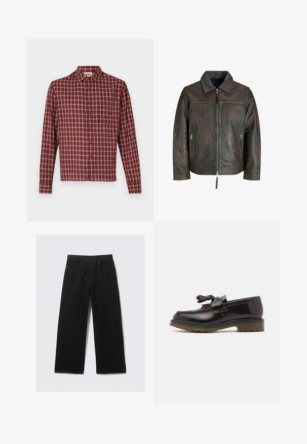 Pruun nahkjope, millel on lukuga esiosa, lame krae ja kaks lukuga taskut. Omab veidi kulunud tekstuuri ja kohandatud lõiget.; Punane ruuduline pika varrukaga särk, millel on terav krae, nööbiga kinnitamine ja rinna tasku. Materjal näeb välja pehme ja kergelt tekstuuriga.; Mustad mustad püksid, mis on valmistatud denimist, klassikalise viie tasku kujundusega ja struktureeritud vöökohaga, kus on vööaasad.; Pruunid nahast loafers, millel on kootud kujundus, tassis detail ja lame kummitald. Omab siledat viimistlust ja kontrastset õmblust.